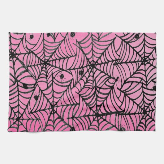 Spooky Halloween Spider Webs auf Pink Geschirrtuch (Horizontal)