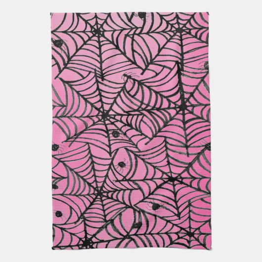 Spooky Halloween Spider Webs auf Pink Geschirrtuch (Vertikal)