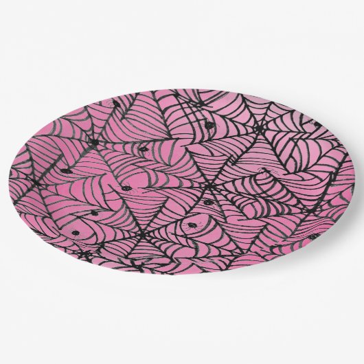 Spooky Halloween Spider Webs auf Pink Pappteller (Schrägansicht)