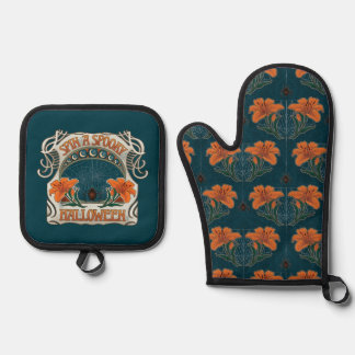 Spooky Halloween Spiders & Lily Vintag Viktorianis Ofenhandschuh & Topflappen-Set