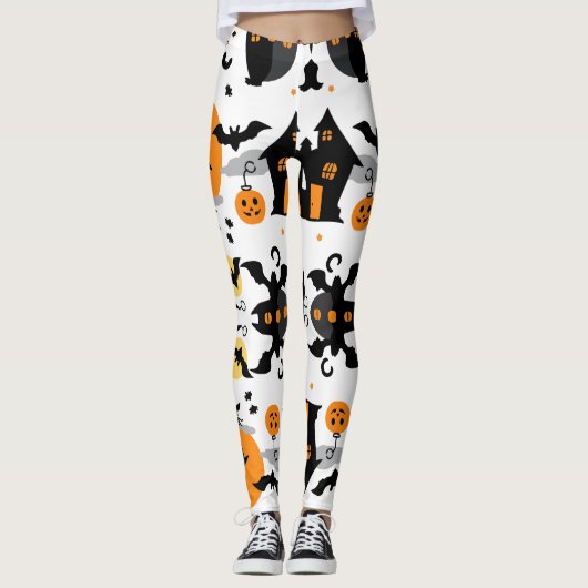 Spooky Halloween Spuk House and Bat Pattern Leggings (Vorderseite)