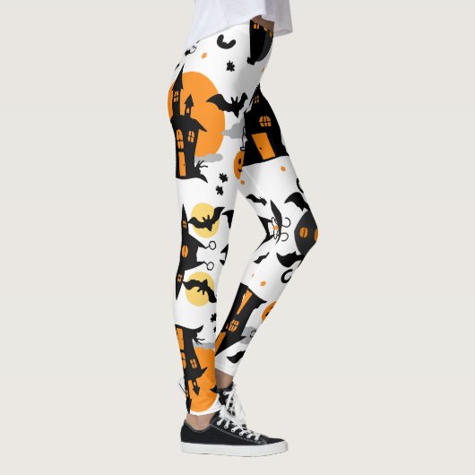 Spooky Halloween Spuk House and Bat Pattern Leggings (Rechts)