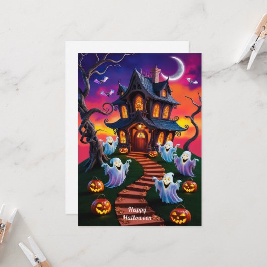 Spooky Halloween Spuk House Illustration Karte (Vorderseite/Rückseite Beispiel)