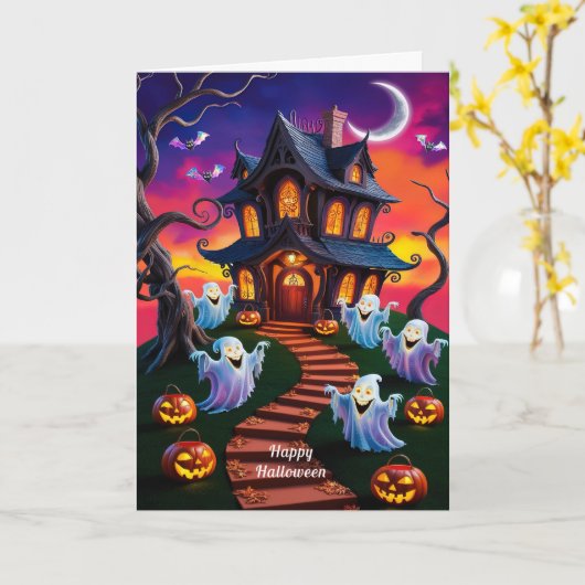 Spooky Halloween Spuk House Illustration Karte (Gelbe Blume)