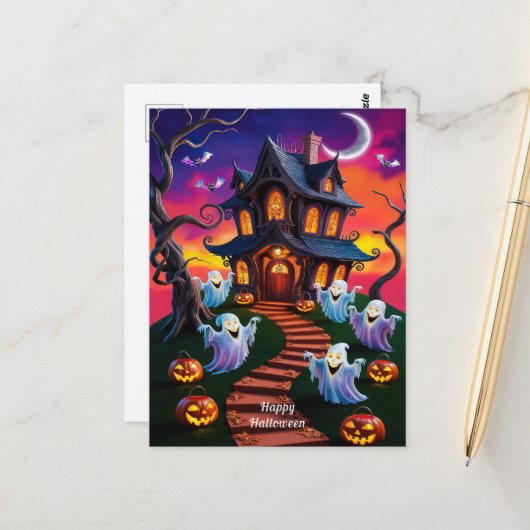 Spooky Halloween Spuk House Illustration Postkarte (Vorderseite/Rückseite Beispiel)