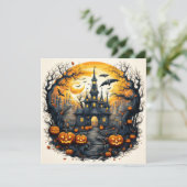 Spooky Halloween Stadt unter einem Vollmond Karte (Stehend Vorderseite)