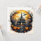 Spooky Halloween Stadt unter einem Vollmond Karte (Vorderseite/Rückseite Beispiel)