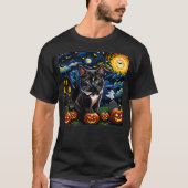 Spooky Halloween Tuxedo Cat Starry Night T-Shirt (Vorderseite)
