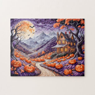 Spooky Halloween Villa mit Pumpkins und Fledermäus Puzzle