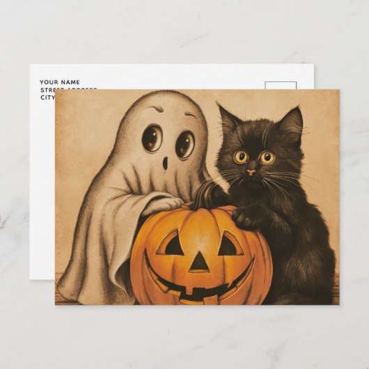 Spooky Halloween Vintag Ghost Black Cat Pumpkin Postkarte (Vorne/Hinten)