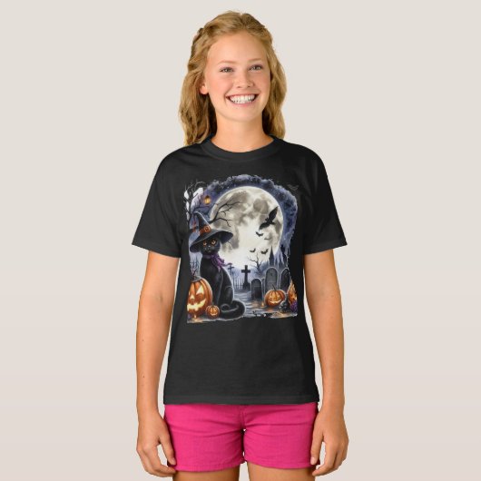 Spooky Halloween Vollmond und Schwarze Katze T-Shirt (Vorne ganz)