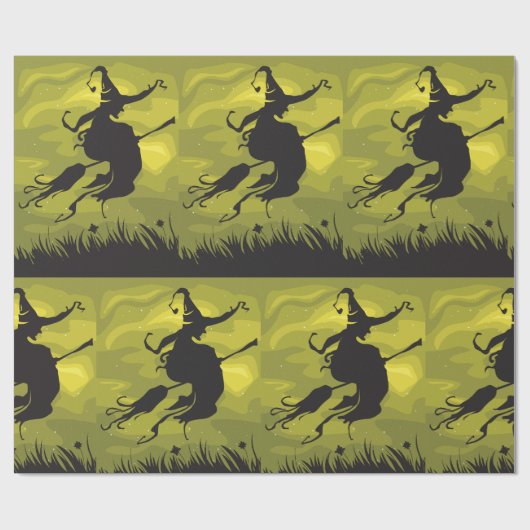 Spooky Halloween Witch Flying on Broomstick Geschenkpapier (Flach)