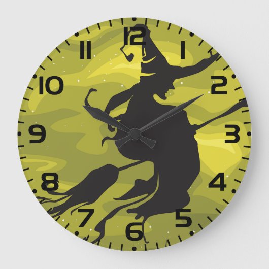 Spooky Halloween Witch Flying on Broomstick Große Wanduhr (Vorderseite)