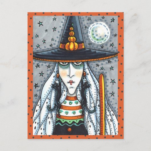 SPOOKY HALLOWEEN WITCH, TRAGEN SCHWARZE KATZJEWELE POSTKARTE (Vorderseite)
