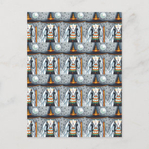 SPOOKY HALLOWEEN WITCH, TRAGEN SCHWARZE KATZJEWELE POSTKARTE