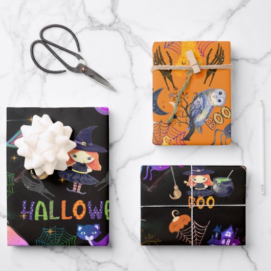 Spooky Halloween Witz Pattern Wrapping Geschenkpapier Set (Vorderseite)