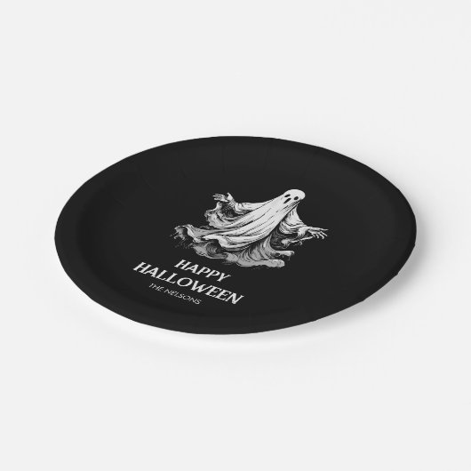 Spooky Happy Halloween mit schwarz-weißem Geist Pappteller (Schrägansicht)