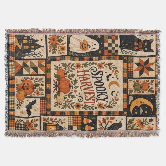 Spooky Harvest Vintage Halloween Patchwork Decke (Vorderseite)