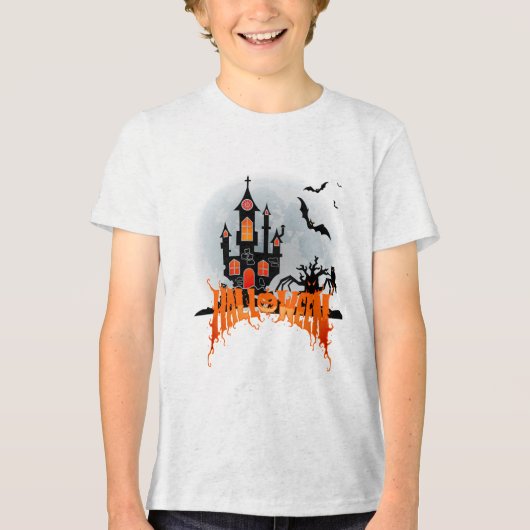 Spooky Haunted Castle Halloween Youth Bats Trick Tri-Blend Shirt (Vorderseite)