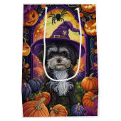 Spooky Havanese Hund Halloween Hexe und Pumpkin Mittlere Geschenktüte (Rückseite)