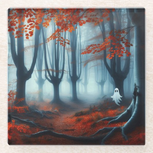 Spooky Herbstwald mit Gespenst Glasuntersetzer (Vorderseite)