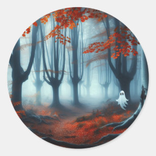 Spooky Herbstwald mit Gespenst Runder Aufkleber