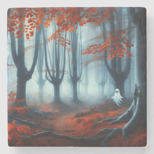 Spooky Herbstwald mit Gespenst Steinuntersetzer (Vorderseite)