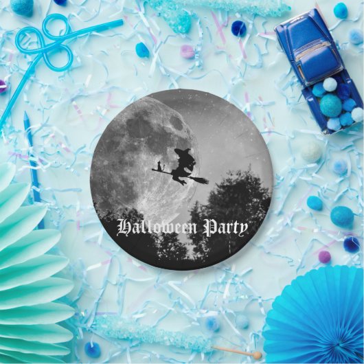 Spooky Hexe auf Broom Full Moon Halloween Pappteller (Party)
