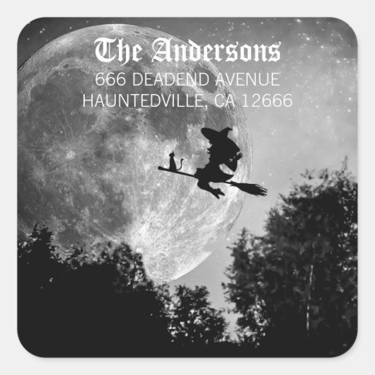 Spooky Hexe auf Broom Full Moon Halloween-Party Quadratischer Aufkleber (Vorderseite)