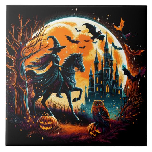 Spooky Hexe auf einem Pferd unter Vollmond Fliese (Vorderseite)