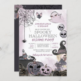 Spooky Hexe Lila Schwarzes Halloween-Kostüm-Party Einladung
