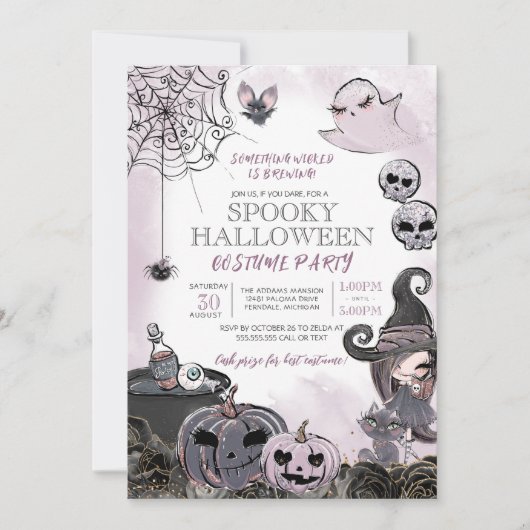 Spooky Hexe Lila Schwarzes Halloween-Kostüm-Party Einladung (Vorderseite)