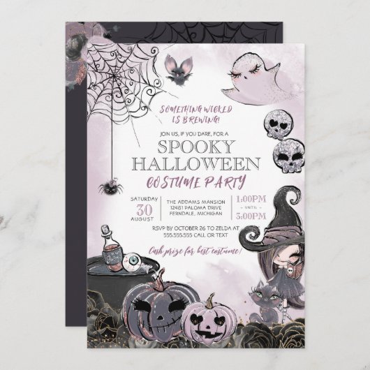 Spooky Hexe Lila Schwarzes Halloween-Kostüm-Party Einladung (Vorne/Hinten)