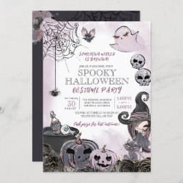 Spooky Hexe Lila Schwarzes Halloween-Kostüm-Party Einladung
