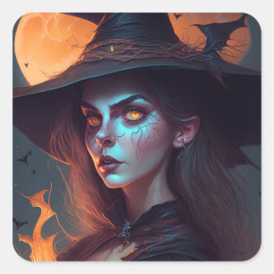 Spooky Hexe mit Mond Background Halloween Quadratischer Aufkleber