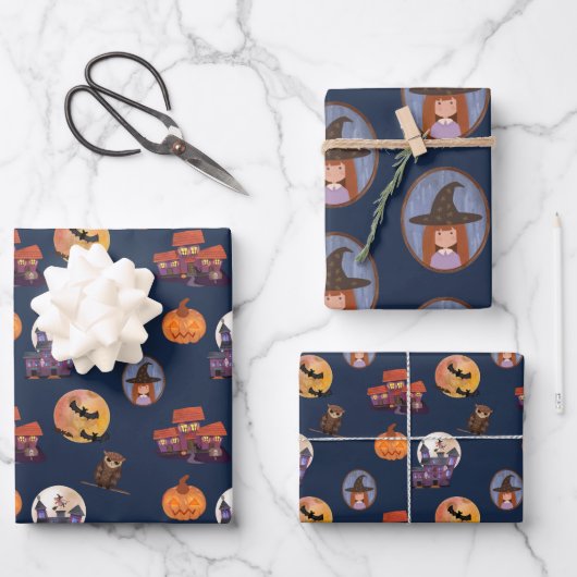 Spooky House Niedlich Little Hexenauwl Moon Hallow Geschenkpapier Set (Vorderseite)