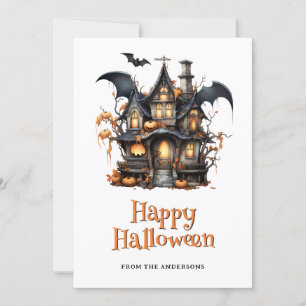 Spooky House Pumpkins Bat Ghost Halloween Card Feiertagskarte