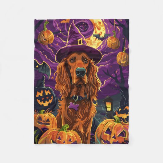 Spooky Irish Red Setter Halloween Hexenkürbis Fleecedecke (Vorderseite)