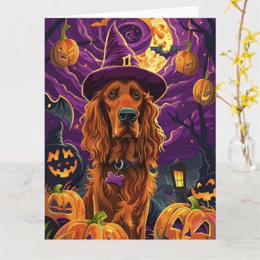 Spooky Irish Red Setter Halloween Hexenkürbis Karte (Gelbe Blume)