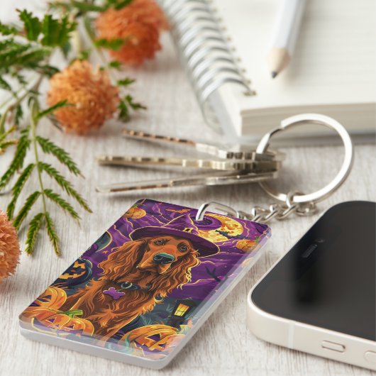 Spooky Irish Red Setter Halloween Hexenkürbis Schlüsselanhänger (Vorderseite rechts)