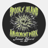 Spooky Island Est 2002 Vergnügungspark Skull Hallo Runder Aufkleber (Vorderseite)