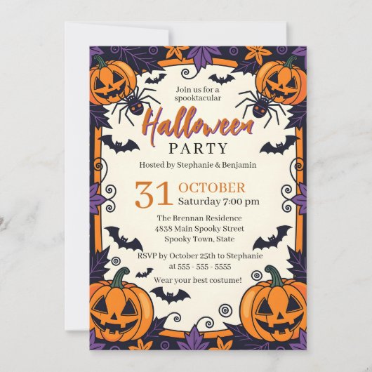 Spooky Jack-O' Lanterns Spiders and Bats Halloween Einladung (Vorderseite)