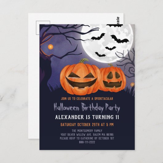 Spooky Jack O'Lantern Halloween Party Inv Postkarte (Vorne/Hinten)