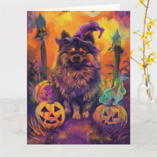 Spooky Keeshond Hund Halloween Hexe und Pumpkin Karte