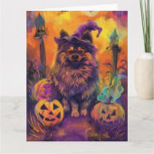 Spooky Keeshond Hund Halloween Hexe und Pumpkin Karte (Vorderseite)