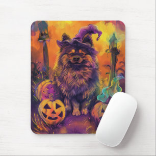 Spooky Keeshond Hund Halloween Hexe und Pumpkin Mousepad