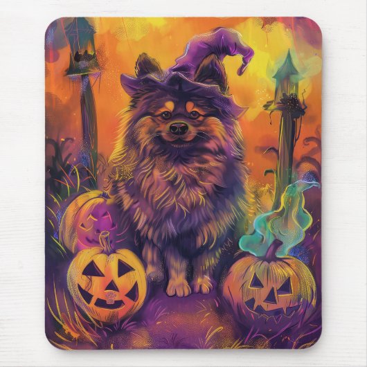 Spooky Keeshond Hund Halloween Hexe und Pumpkin Mousepad (Vorne)