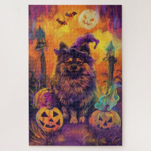 Spooky Keeshond Hund Halloween Hexe und Pumpkin Puzzle