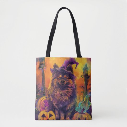 Spooky Keeshond Hund Halloween Hexe und Pumpkin Tasche (Vorderseite)