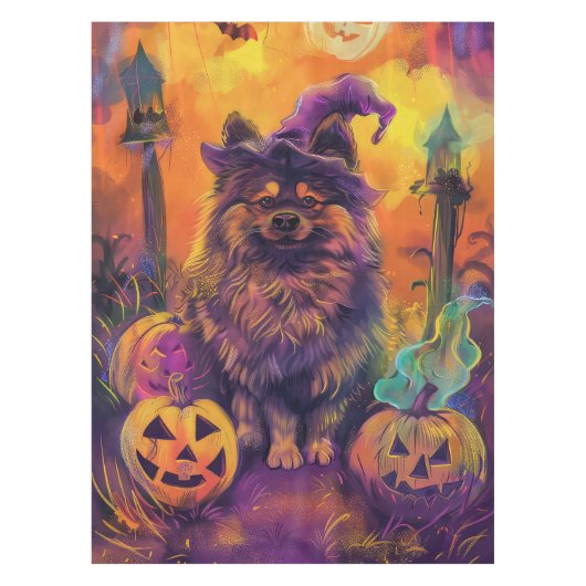 Spooky Keeshond Hund Halloween Hexe und Pumpkin Tischdecke (Vorderseite)